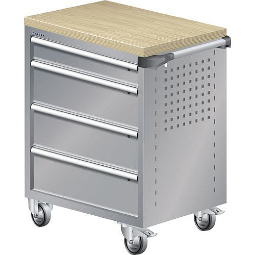 Dílenský zásuvkový vozík LISTA, pracovní deska z multiplexní dýhy, 4 zásuvky, šedá/stříbrná