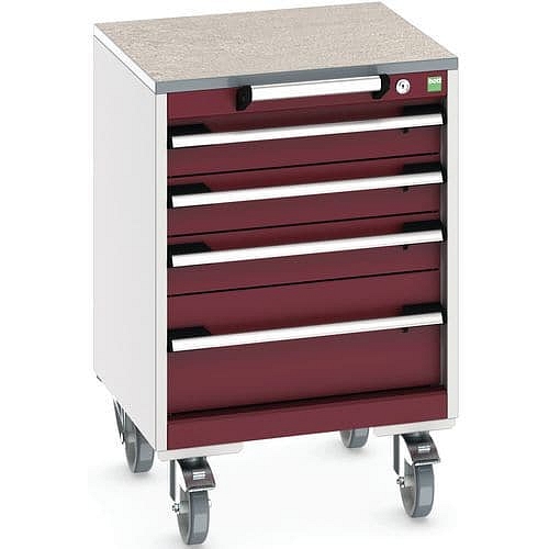 Mobilní zásuvková skříň Bott Cubio, 79 x 52,5 x 52,5 cm, 4 zásuvky, linoleum, šedá-červená