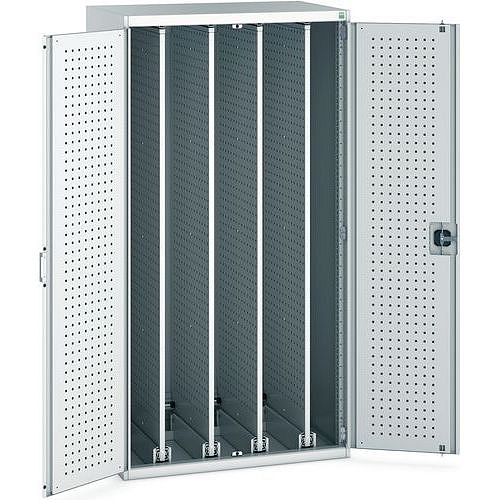 Dílenská skříň Bott Cubio s výsuvnými perfopanely, 200 x 105 x 65 cm, plné dveře, šedá-šedá