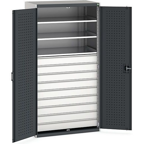 Dílenská skříň se zásuvkami Bott Cubio, 200 x 105 x 65 cm, 3 police, 9 zásuvek, šedá-antracit