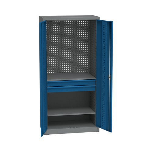 Kovová dílenská skříň na nářadí, 2 zásuvky, 195 x 95 x 50 cm, tmavě šedá/tmavě modrá