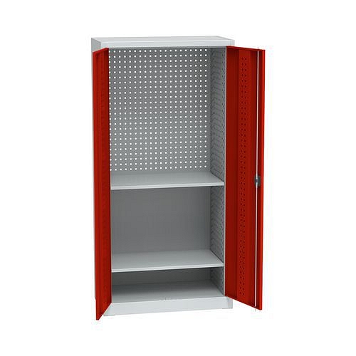 Kovová dílenská skříň na nářadí, 2 police, 195 x 95 x 50 cm, světle šedá/červená