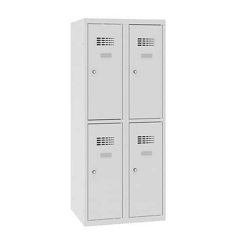 Snížená školní šatní skříň, 4 oddíly, 300 mm, šedá/šedá, cylindrický zámek