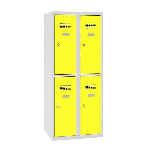 Snížená školní šatní skříň, 4 oddíly, 300 mm, šedá/žlutá, cylindrický zámek