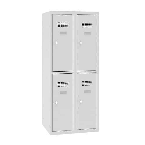 Snížená školní šatní skříň, 4 oddíly, 300 mm, šedá/šedá, otočný uzávěr