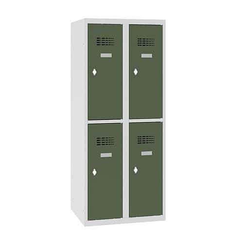 Snížená školní šatní skříň, 4 oddíly, 300 mm, šedá/zelená, otočný uzávěr
