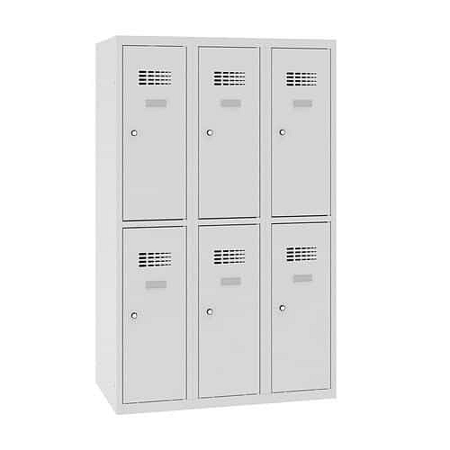 Snížená školní šatní skříň, 6 oddílů, 300 mm, šedá/šedá, cylindrický zámek