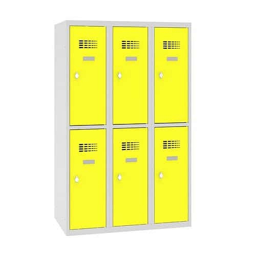 Snížená školní šatní skříň, 6 oddílů, 300 mm, šedá/žlutá, otočný uzávěr