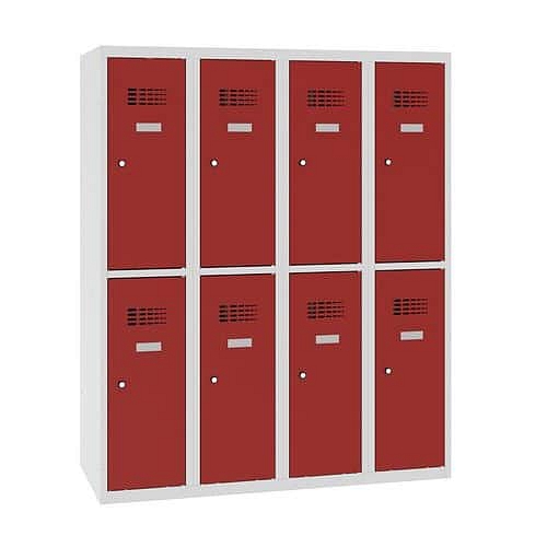 Snížená školní šatní skříň, 8 oddílů, 300 mm, šedá/červená, cylindrický zámek