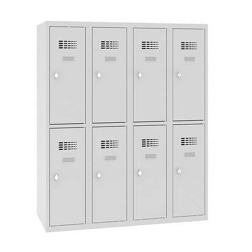 Snížená školní šatní skříň, 8 oddílů, 300 mm, šedá/šedá, otočný uzávěr