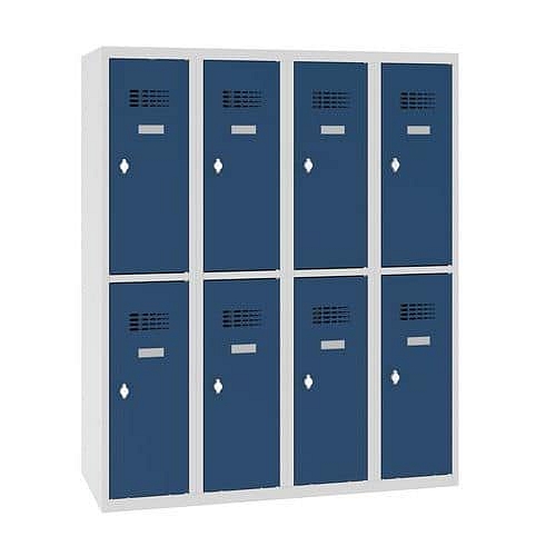 Snížená školní šatní skříň, 8 oddílů, 300 mm, šedá/tmavě modrá, otočný uzávěr