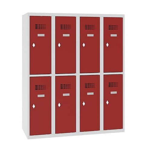 Snížená školní šatní skříň, 8 oddílů, 300 mm, šedá/červená, otočný uzávěr
