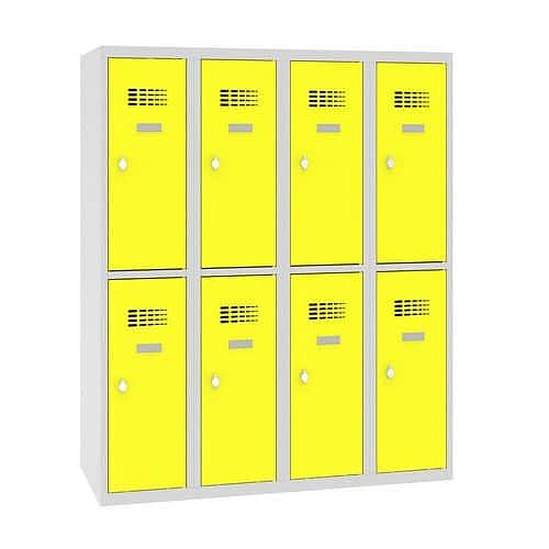 Snížená školní šatní skříň, 8 oddílů, 300 mm, šedá/žlutá, otočný uzávěr