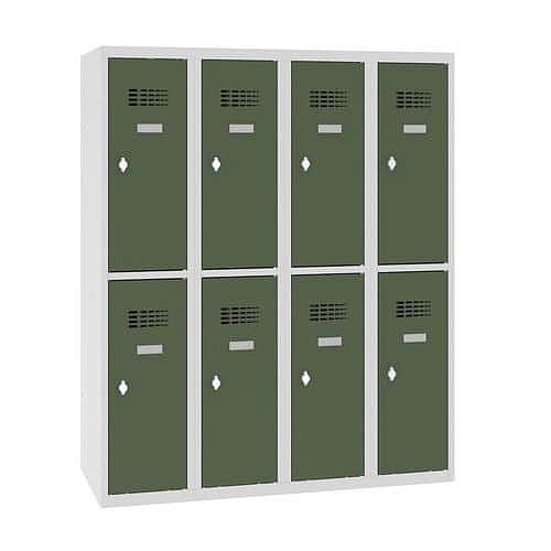 Snížená školní šatní skříň, 8 oddílů, 300 mm, šedá/zelená, otočný uzávěr