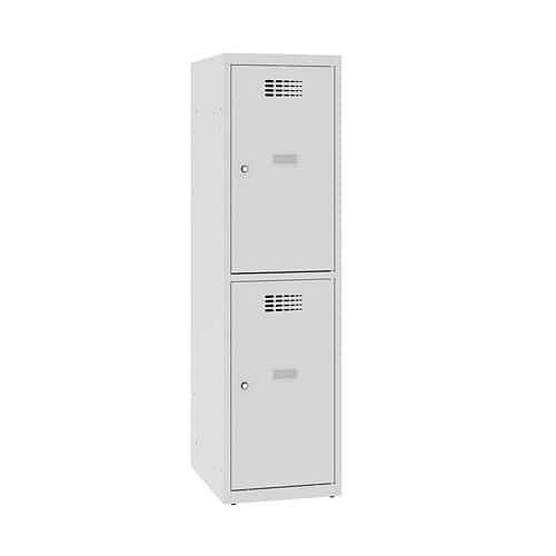 Snížená školní šatní skříň, 2 oddíly, 400 mm, šedá/šedá, cylindrický zámek