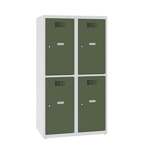 Snížená školní šatní skříň, 4 oddíly, 400 mm, šedá/zelená, cylindrický zámek