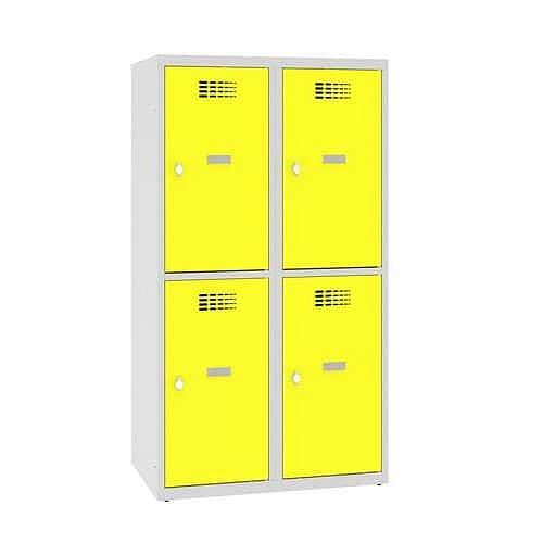 Snížená školní šatní skříň, 4 oddíly, 400 mm, šedá/žlutá, otočný uzávěr