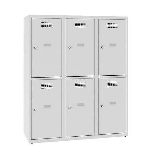 Snížená školní šatní skříň, 6 oddílů, 400 mm, šedá/šedá, cylindrický zámek