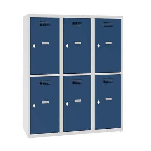 Snížená školní šatní skříň, 6 oddílů, 400 mm, šedá/tmavě modrá, otočný uzávěr