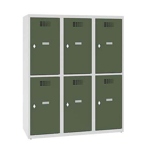 Snížená školní šatní skříň, 6 oddílů, 400 mm, šedá/zelená, otočný uzávěr