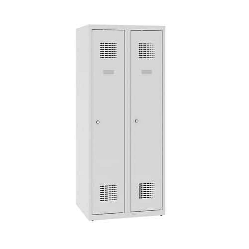 Snížená školní šatní skříň, 2 sloupce, 300 mm, šedá/šedá, cylindrický zámek