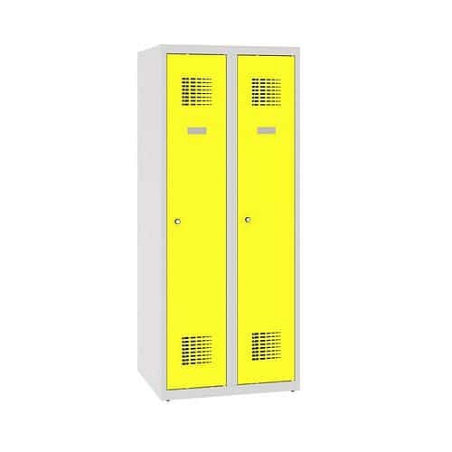 Snížená školní šatní skříň, 2 sloupce, 300 mm, šedá/žlutá, cylindrický zámek