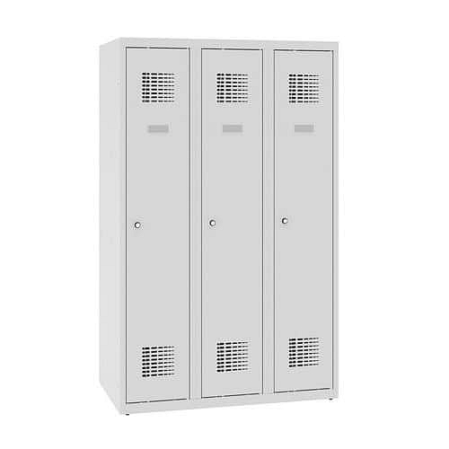Snížená školní šatní skříň, 3 sloupce, 300 mm, šedá/šedá, cylindrický zámek
