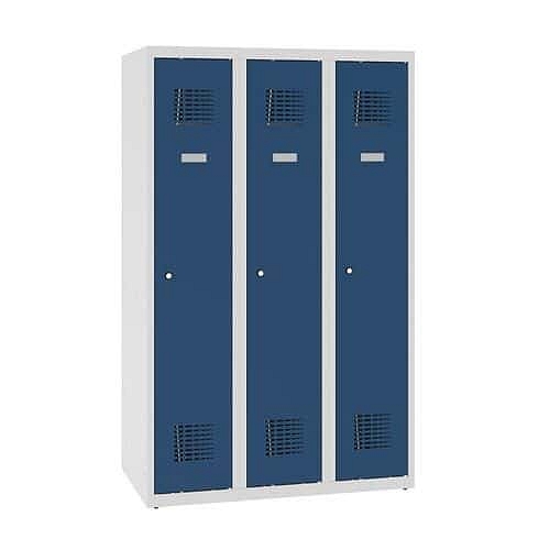 Snížená školní šatní skříň, 3 sloupce, 300 mm, šedá/tmavě modrá, cylindrický zámek