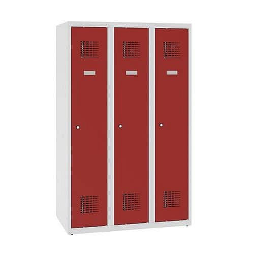 Snížená školní šatní skříň, 3 sloupce, 300 mm, šedá/červená, cylindrický zámek