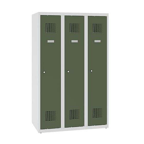Snížená školní šatní skříň, 3 sloupce, 300 mm, šedá/zelená, cylindrický zámek