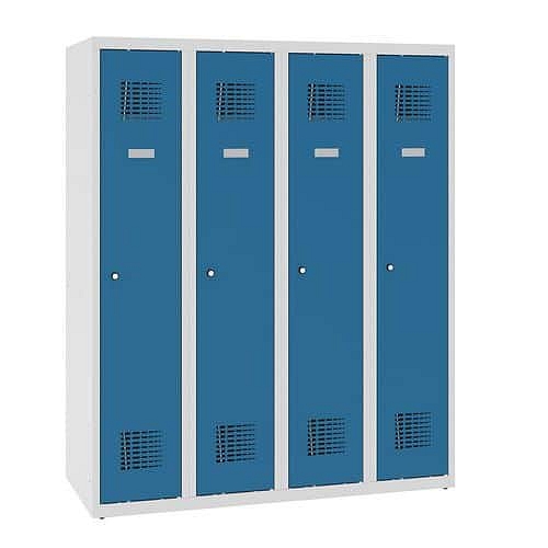 Snížená školní šatní skříň, 4 sloupce, 300 mm, šedá/modrá, cylindrický zámek