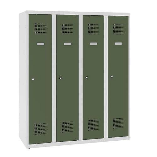 Snížená školní šatní skříň, 4 sloupce, 300 mm, šedá/zelená, cylindrický zámek