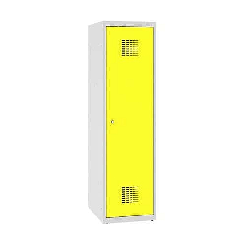 Snížená školní šatní skříň, 1 sloupec, 400 mm, šedá/žlutá, cylindrický zámek