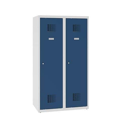 Snížená školní šatní skříň, 2 sloupce, 400 mm, šedá/tmavě modrá, cylindrický zámek
