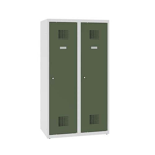 Snížená školní šatní skříň, 2 sloupce, 400 mm, šedá/zelená, cylindrický zámek