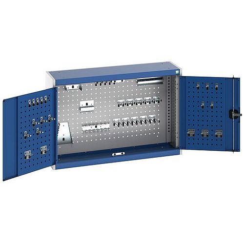 Závěsná skříňka Bott Cubio s držáky na nářadí a perfopanely, 70 x 105 x 32,5 cm, 40 držáků, šedá-modrá