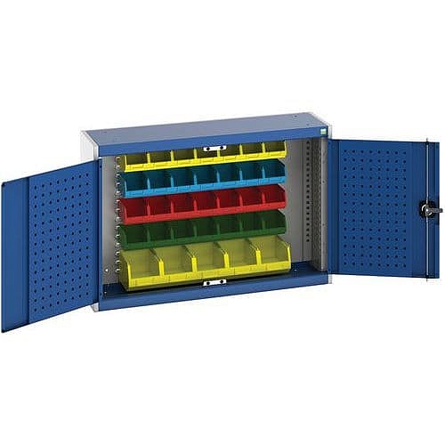Závěsná skříňka Bott Cubio s boxy a perfopanely na nářadí, 70 x 105 x 32,5 cm, 33 boxů, šedá-modrá