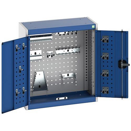 Závěsná skříňka Bott Cubio s držáky na nářadí a perfopanely, 70 x 65 x 32,5 cm, 20 držáků, šedá-modrá