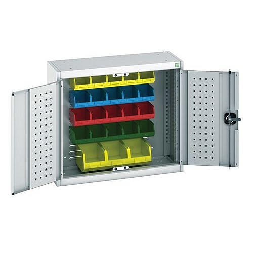 Závěsná skříňka Bott Cubio s boxy a perfopanely na nářadí, 70 x 80 x 32,5 cm, 23 boxů, šedá-šedá