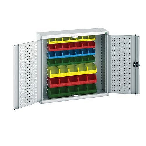 Závěsná skříňka Bott Cubio s boxy a perfopanely na nářadí, 100 x 105 x 32,5 cm, 43 boxů, šedá-šedá