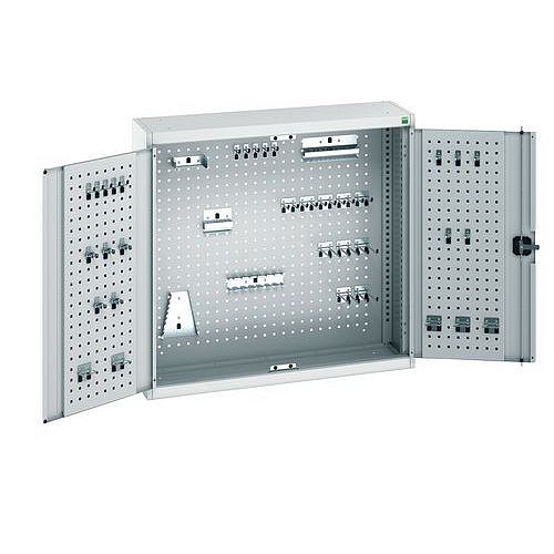 Závěsná skříňka Bott Cubio s držáky na nářadí a perfopanely, 100 x 105 x 32,5 cm, 40 držáků, šedá-šedá