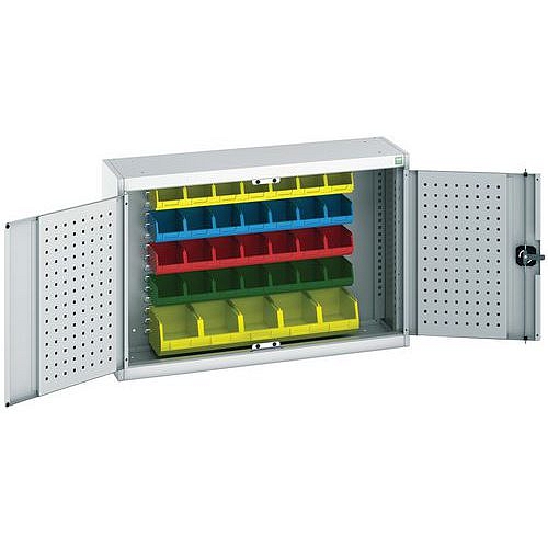 Závěsná skříňka Bott Cubio s boxy a perfopanely na nářadí, 70 x 105 x 32,5 cm, 33 boxů, šedá-šedá
