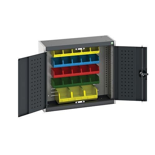 Závěsná skříňka Bott Cubio s boxy a perfopanely na nářadí, 70 x 80 x 32,5 cm, 23 boxů, šedá-antracit