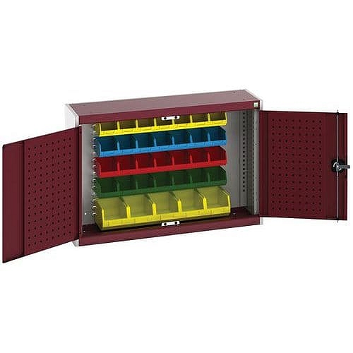 Závěsná skříňka Bott Cubio s boxy a perfopanely na nářadí, 70 x 105 x 32,5 cm, 33 boxů, šedá-červená