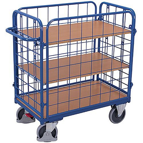 Policový vozík se 4 mřížovými stěnami, 3 police, do 500 kg, 119 x 74 x 122 cm, modrý