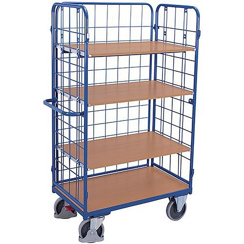 Vysoký policový vozík s madlem a mřížovými bočnicemi, do 400 kg, 4 police, 178 x 104 x 52,5 cm, modrý