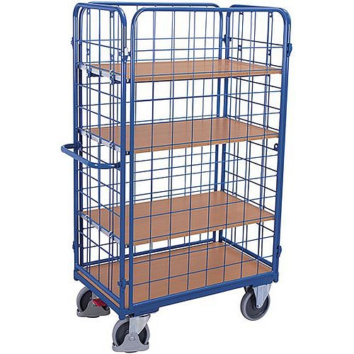 Policový vozík se 4 mřížovými stěnami, 4 police, do 500 kg, 119 x 64 x 182 cm, modrý