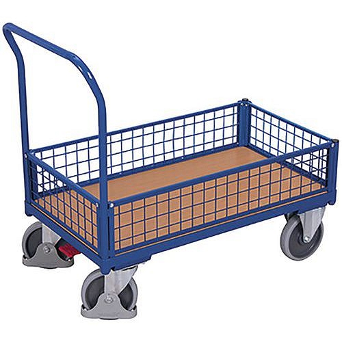 Plošinový vozík s madlem a nízkými mřížovými bočnicemi, do 500 kg, 101,5 x 112,5 x 60 cm, modrý