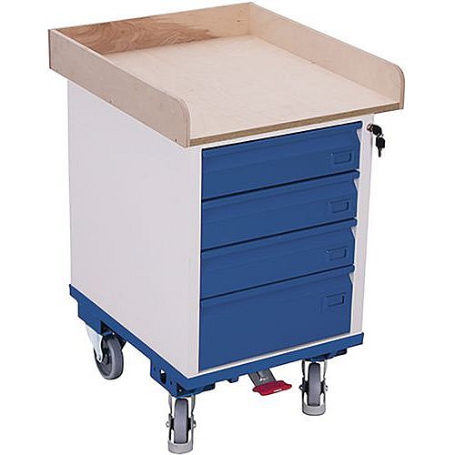 Dílenský vozík se 4 zásuvkami, vyvýšené okraje, 57,5 x 66 x 90,5 cm, modrý