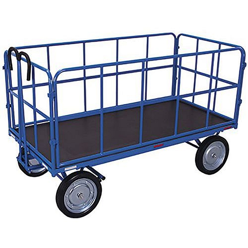 Ruční vozík s tažným madlem a 4 bočnicemi, do 1 250 kg, plná kola, modrý, 206,5 x 101,5 x 134 cm